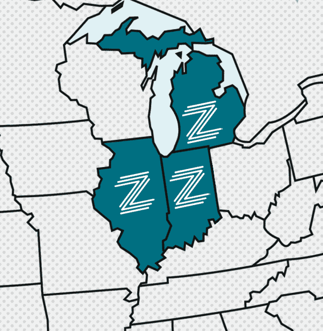 Map of Illinois, Indiana and Michigan where Zing Health plans are available